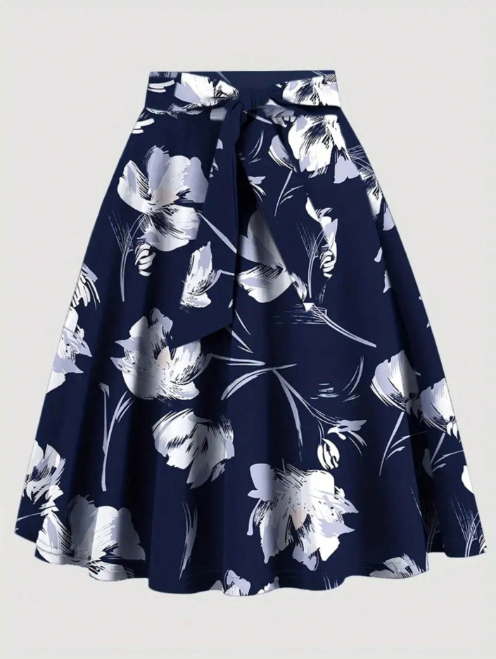 花柄プリントのブラックミディスカート - 画像 (3)