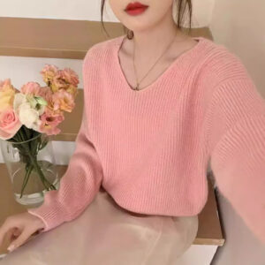 レディース無地長袖Vネックセーター