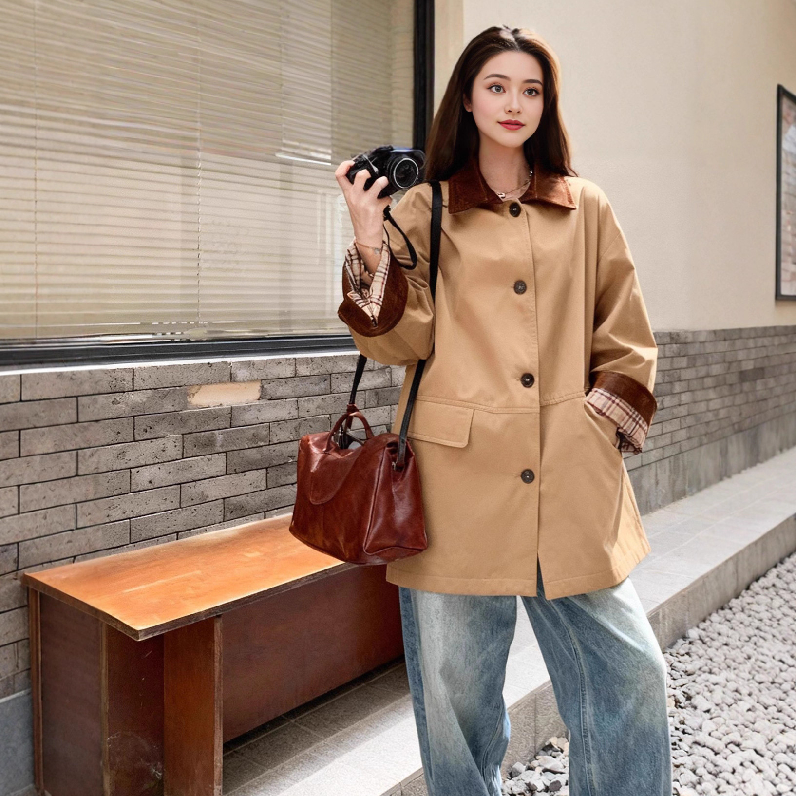 長袖カラーブロックレディースカジュアルジャケット - 画像 (4)